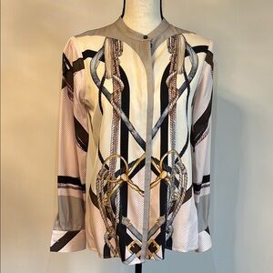 Black and White Graphic Boxy Blouse with Mandarin Collar